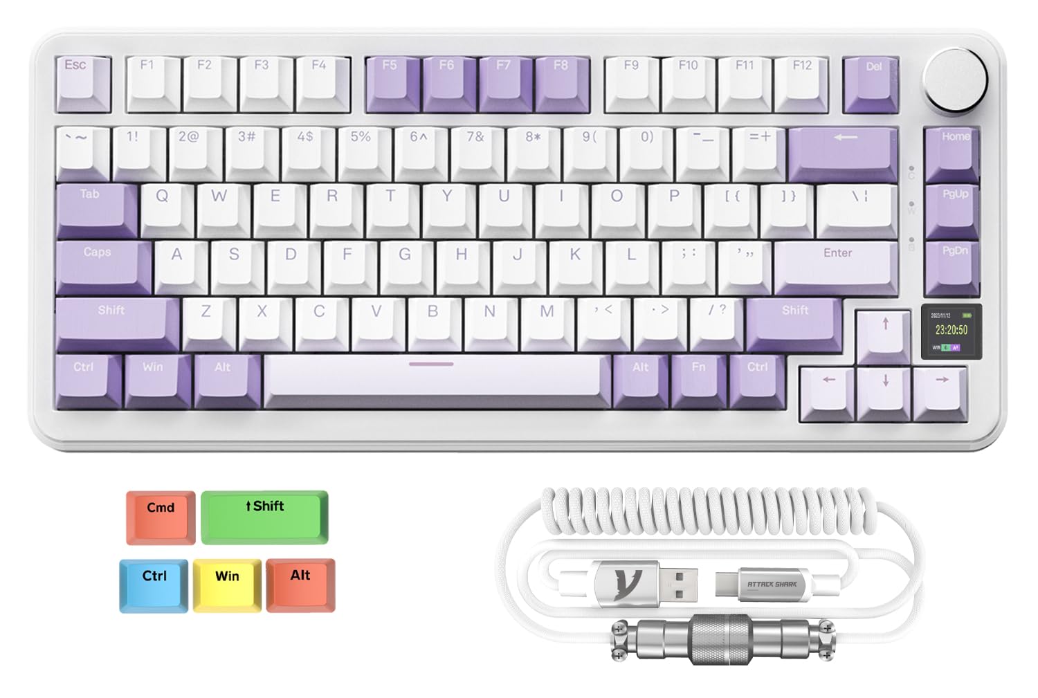 MAGIC-REFINER Attack Shark X85PRO 75% Wireless Mechanical Keyboard TFT Smart Display&Knob BT/2.4G/Wired Custom Gaming Keyboard Gasket Hot-Swap RGB with Pro Cable&5 Color PBT Keycaps for PC/MAC Purple