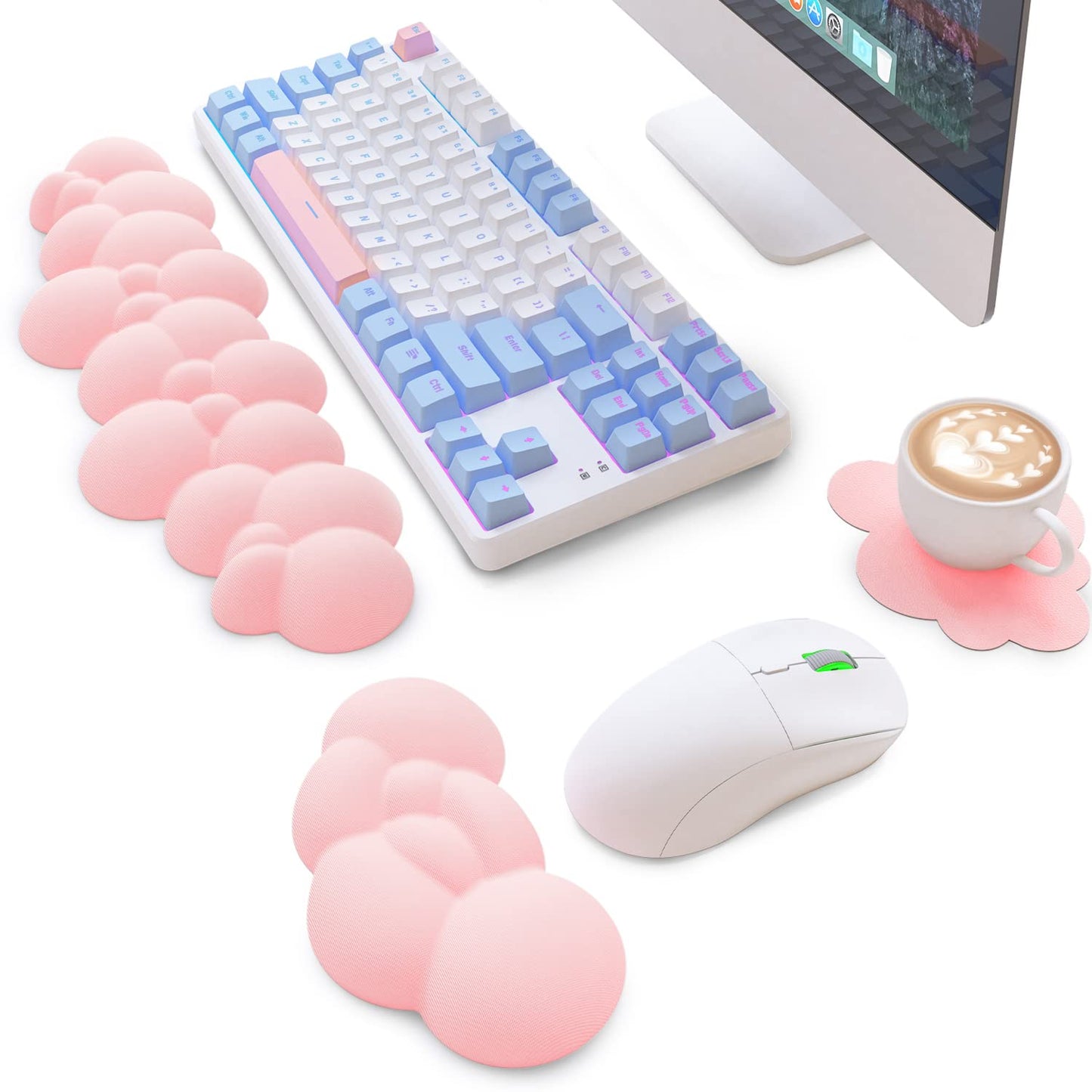 ATTACK SHARK Cloud Mouse Pad Wrist Support and Keyboard Wrist Rest Ergonomic Design for Typing Pain Relief Memory Foam Wrist Rest Leather Cup Coaster Lightweight Desk Gel Hand Wrist Rests(Pink)