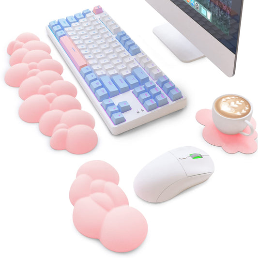 ATTACK SHARK Cloud Mouse Pad Wrist Support and Keyboard Wrist Rest Ergonomic Design for Typing Pain Relief Memory Foam Wrist Rest Leather Cup Coaster Lightweight Desk Gel Hand Wrist Rests(Pink)