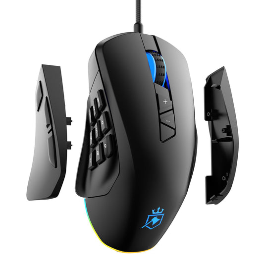 ROYALAXE Wired Gaming Mouse MS901, Ergonomic MMO Mouse, 14 Programmable Buttons, 12,400 DPI, RGB Lighting, Black