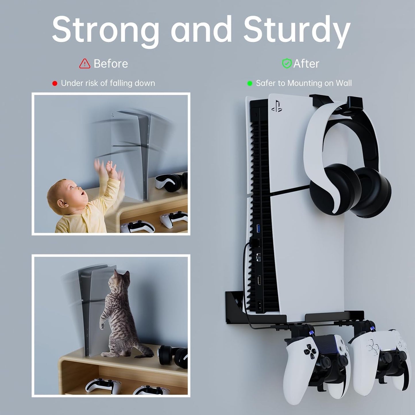 Hosanwell PS5 Slim Wall Mount Kit with Controller Holder & Headphone Mount, Solid Metal, Easy Installation, 9.4*4.7*2.8 in, Black