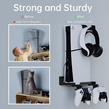 Hosanwell PS5 Slim Wall Mount Kit with Controller Holder & Headphone Mount, Solid Metal, Easy Installation, 9.4*4.7*2.8 in, Black