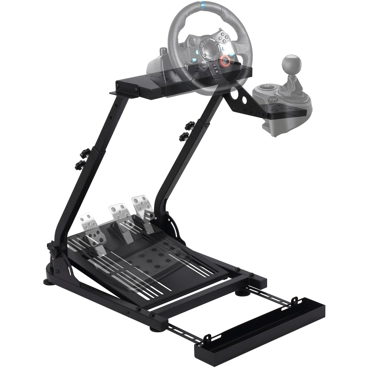 JustSmart L-Shaped Folding Steering Wheel Game Stand - Height Adjustable, Compatible with Logitech, Chair Fixing Seat Slot