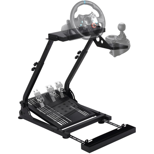 JustSmart L-Shaped Folding Steering Wheel Game Stand - Height Adjustable, Compatible with Logitech, Chair Fixing Seat Slot