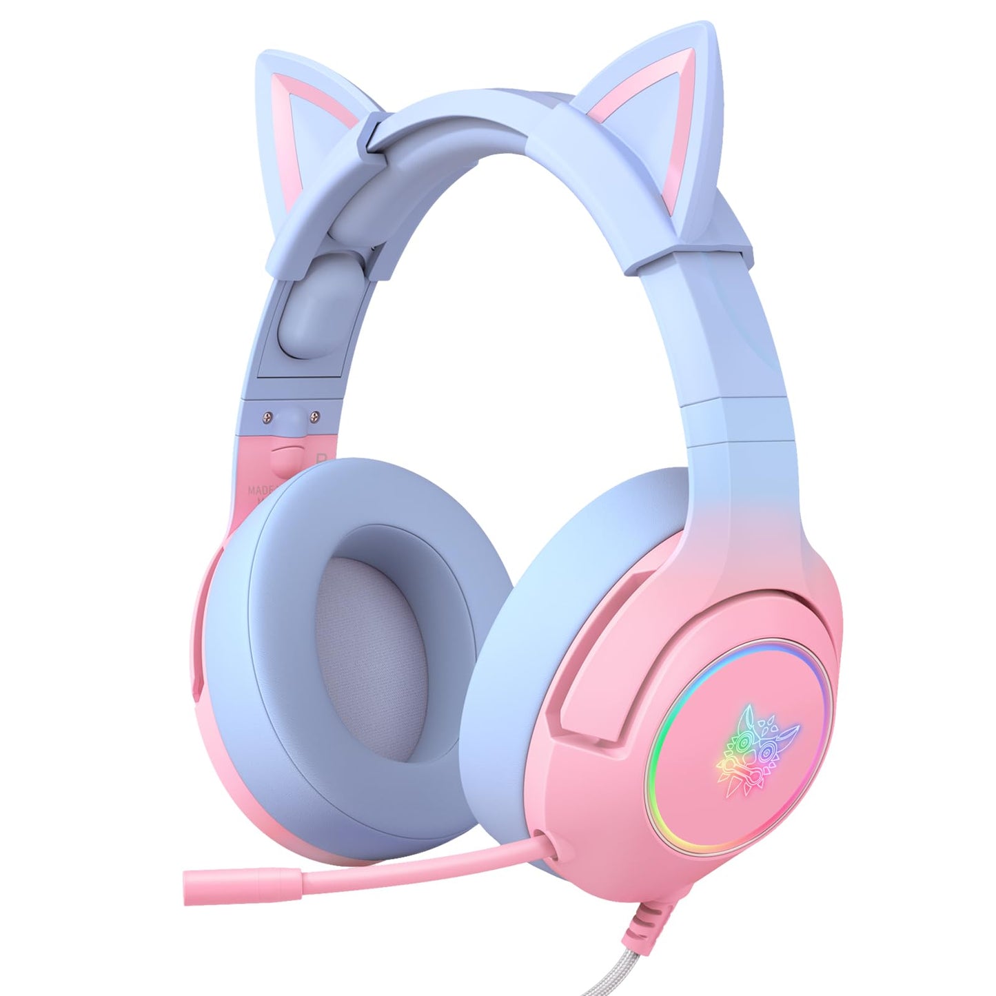 PHNIXGAM Gaming Headset for PS4  PS5  Xbox One(No Adapter)  Cat Ear Headphones with Retractable Microphone  RGB Backlight  Surround Sound for PC  Mobile Phone  Gradient Pink Blue