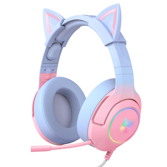PHNIXGAM Gaming Headset for PS4  PS5  Xbox One(No Adapter)  Cat Ear Headphones with Retractable Microphone  RGB Backlight  Surround Sound for PC  Mobile Phone  Gradient Pink Blue