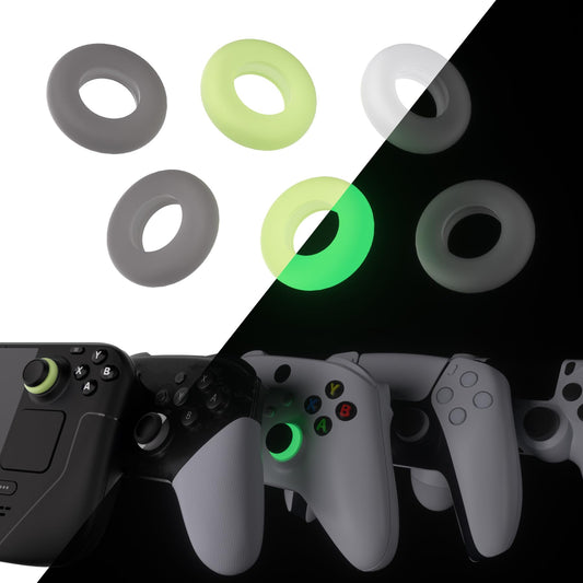 PlayVital 6 Pack Silicone Precision Rings for ps5  for ps4  for Xbox Series X/S/One / 360  for Switch 2 Pro  for Steam Deck - Aim Assist Target Motion Control  Clear Black White & Glow in Dark Green