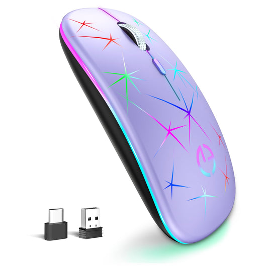 TaIYanG Wireless Mouse - 2.4G Optical Quiet RGB, USB Receiver & Type C Adapter, 3 DPI Levels, Purple, Portable for Laptop & PC