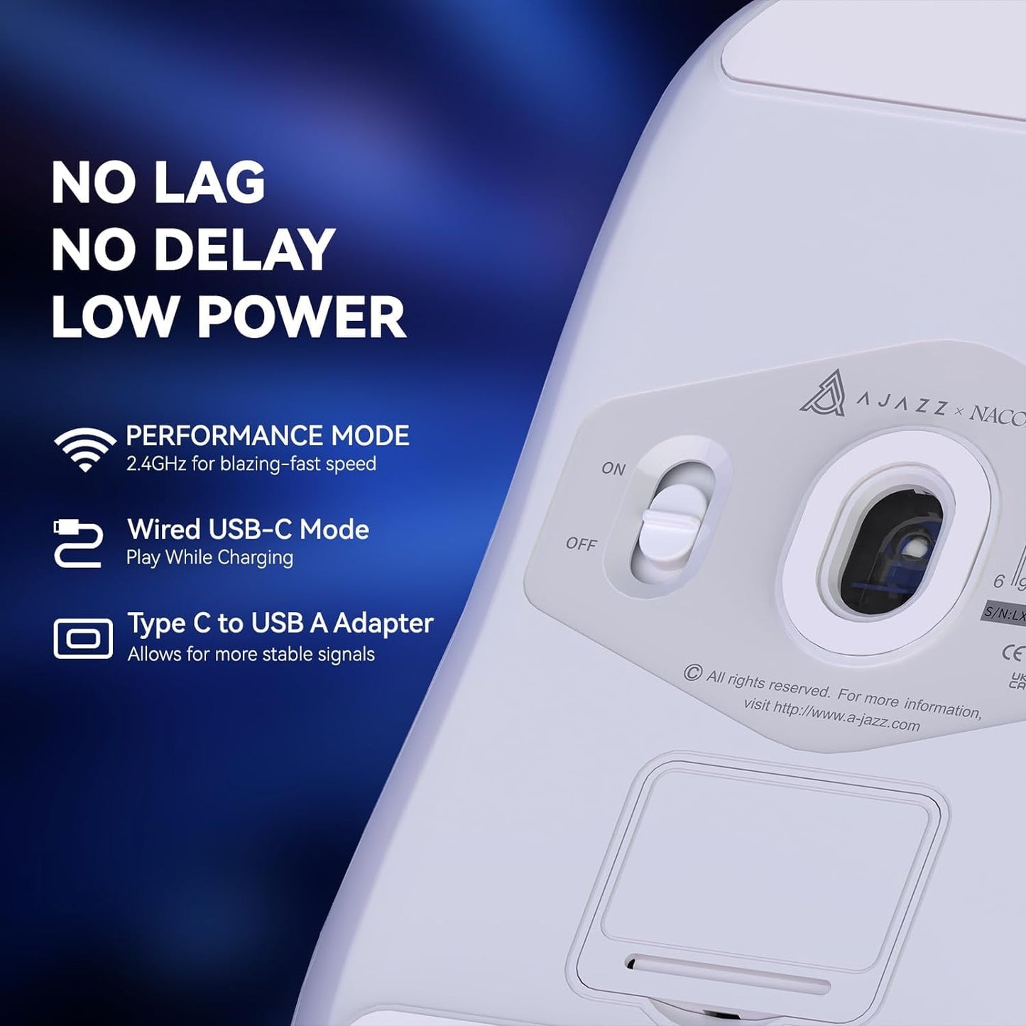 A.JAZZ AJ139 G Pro 4K Wireless Gaming Mouse, Ultra-Lightweight, 26000DPI, Dual Mode, Ergonomic Symmetric, White