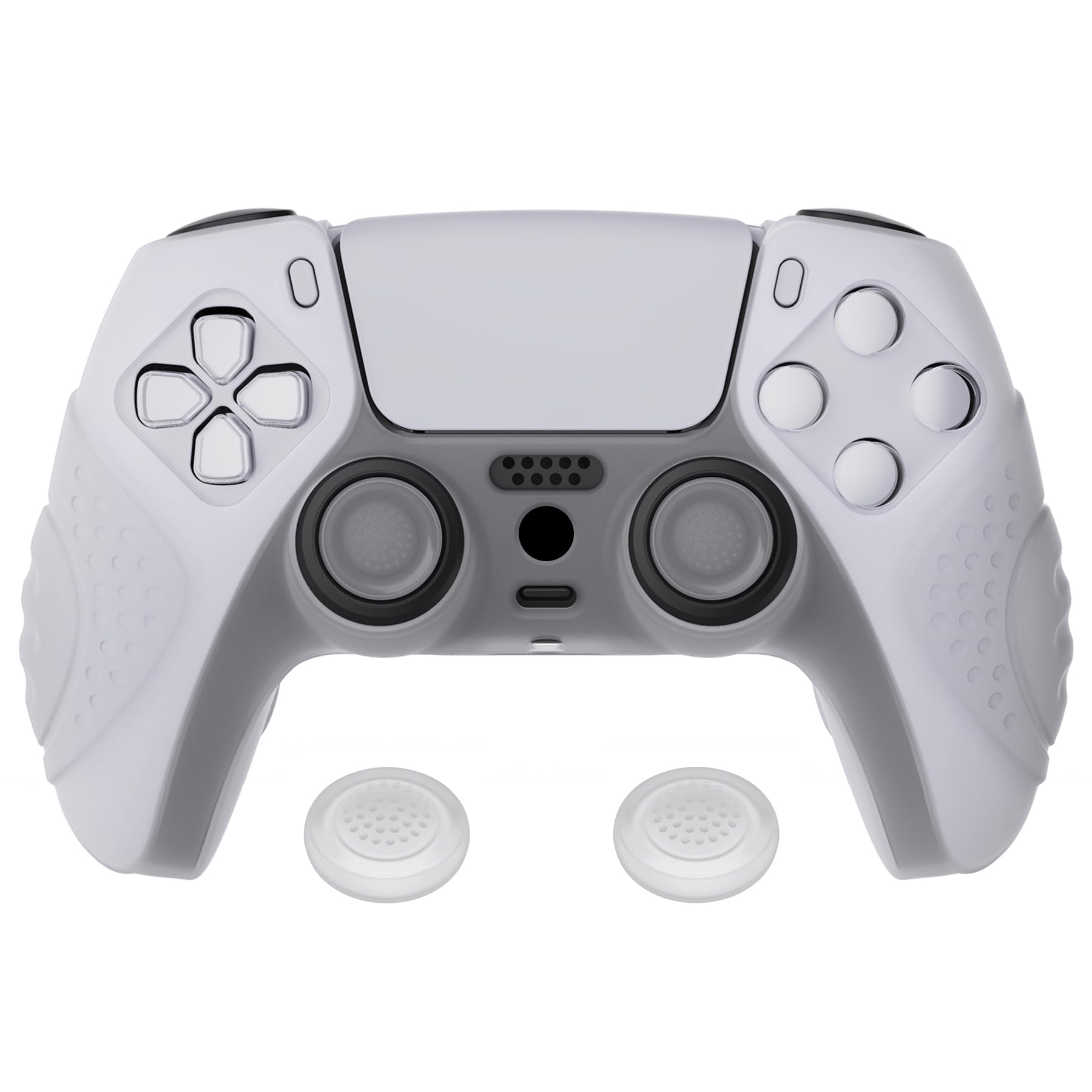 eXtremeRate PlayVital Guardian Edition Clear White Ergonomic Soft Anti-Slip Controller Silicone Case Cover for ps5  Rubber Protector Skins with Clear White Joystick Caps for ps5 Controller