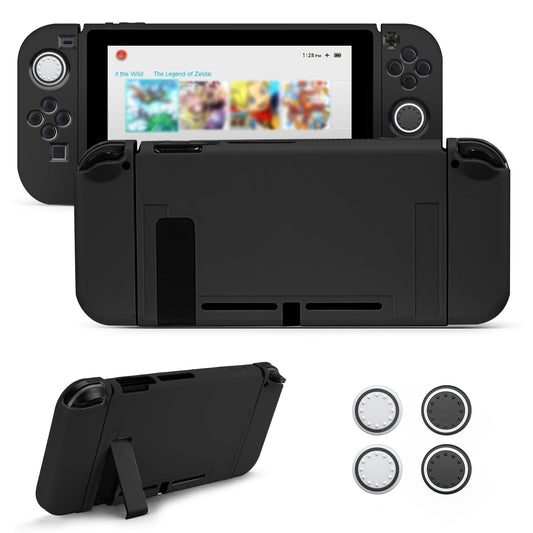 JINGDU Protective Case Compatible with Switch  Dockable TPU Cover Accessories for Console and Grip Joy-Con  The Switch Protector with 4 Thumb Grip Caps  Black