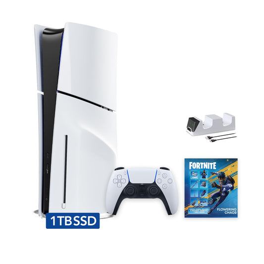PlayStation 5 Slim Disc Edition Fortnite Flowering Chaos Bundle and Mytrix Controller Charger - White  Slim PS5 1TB PCIe SSD Gaming Console