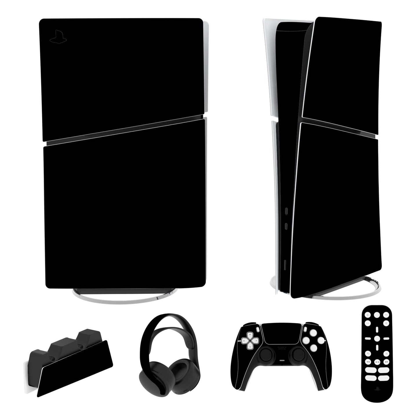 PlayVital Full Set Skin Sticker for ps5 Slim Console Digital Edition (The New Smaller Design)  Vinyl Skin Decal Cover for ps5 Controller & Headset & Charging Station & Media Remote - Black
