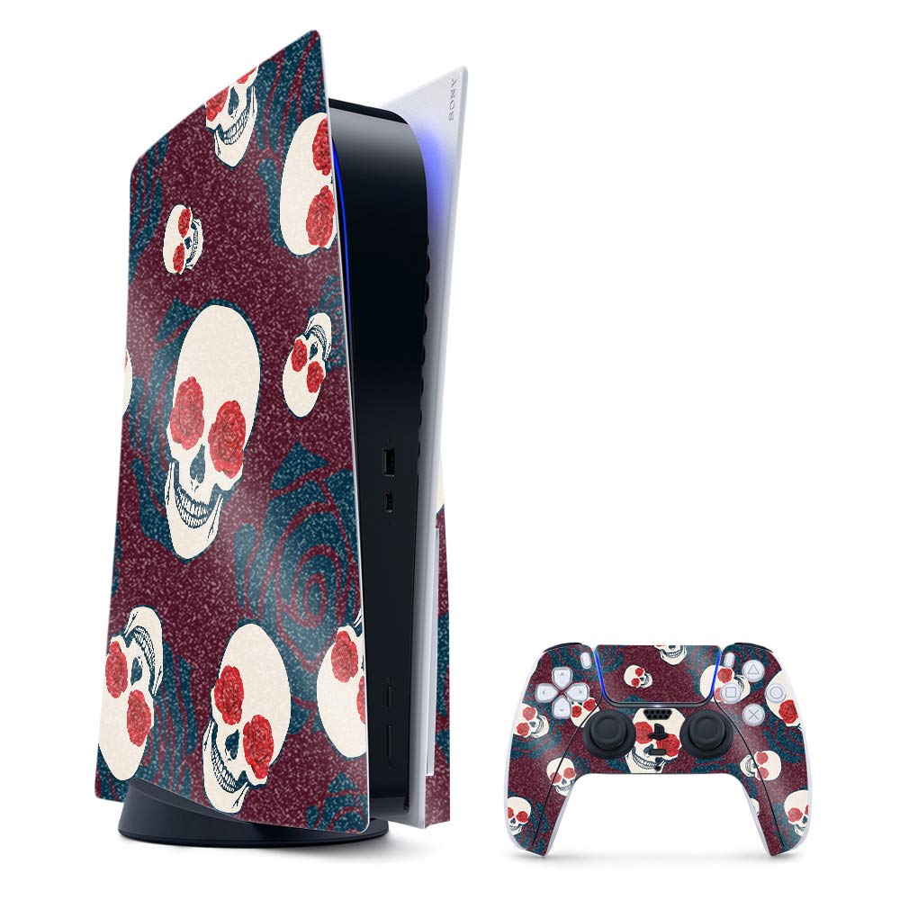 MightySkins Glossy Glitter Gaming Skin for PS5 / Playstation 5 Bundle - Skulls N Roses | Durable High-Gloss Glitter Finish | Easy to Apply and Change Style | Made in The USA
