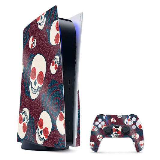 MightySkins Glossy Glitter Gaming Skin for PS5 / Playstation 5 Bundle - Skulls N Roses | Durable High-Gloss Glitter Finish | Easy to Apply and Change Style | Made in The USA