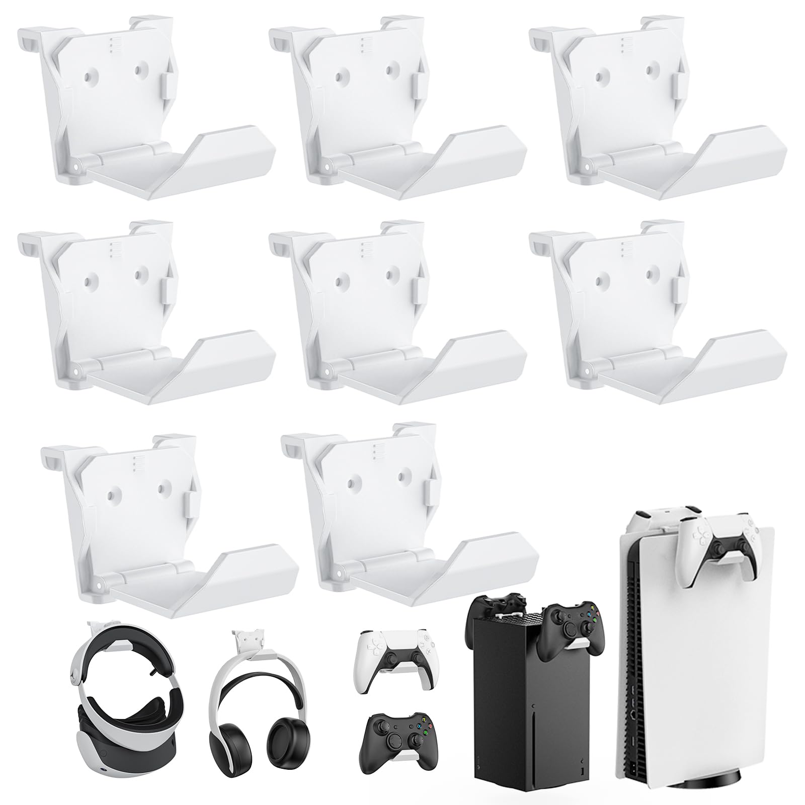 KUNSLUCK 8 Pack Controller Wall Mount for PS5  Xbox  Switch Controller  Wall Mount Stand for Controller&Headset  Adhesive/Screws Installation (White)