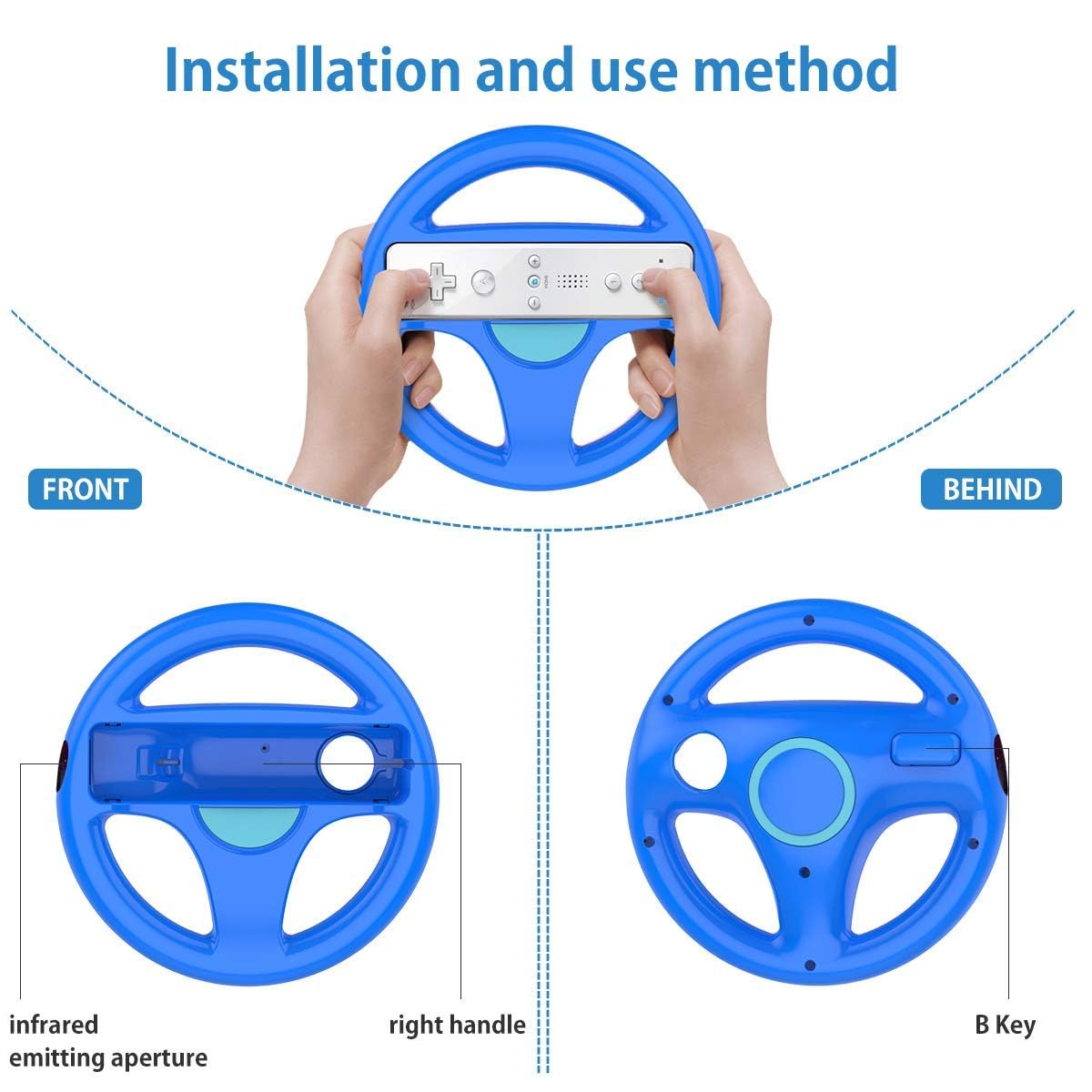 DOYO Steering Wheel for Nintendo Wii Remote - 2 Pack Racing Game Accessories - Red and Blue