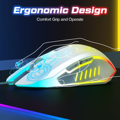 VersionTECH. Wired Gaming Mouse - Ergonomic Design, 7 RGB Lights, 6 Programmable Buttons, 4 DPI Settings, Model BX017, White