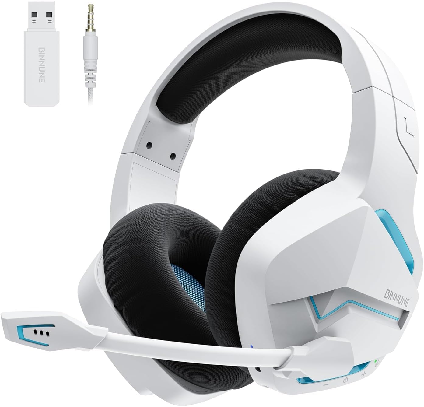 BINNUNE Wireless Gaming Headset for PS5 PC  120H Ultra-Long Battery  2.4GHz & Bluetooth 5.3 Wireless Headphones with Noise Canceling Mic  50mm Drivers  Comfort Over Ear Gaming Headphones White