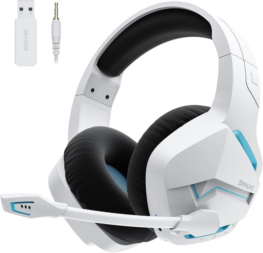 BINNUNE Wireless Gaming Headset for PS5 PC  120H Ultra-Long Battery  2.4GHz & Bluetooth 5.3 Wireless Headphones with Noise Canceling Mic  50mm Drivers  Comfort Over Ear Gaming Headphones White
