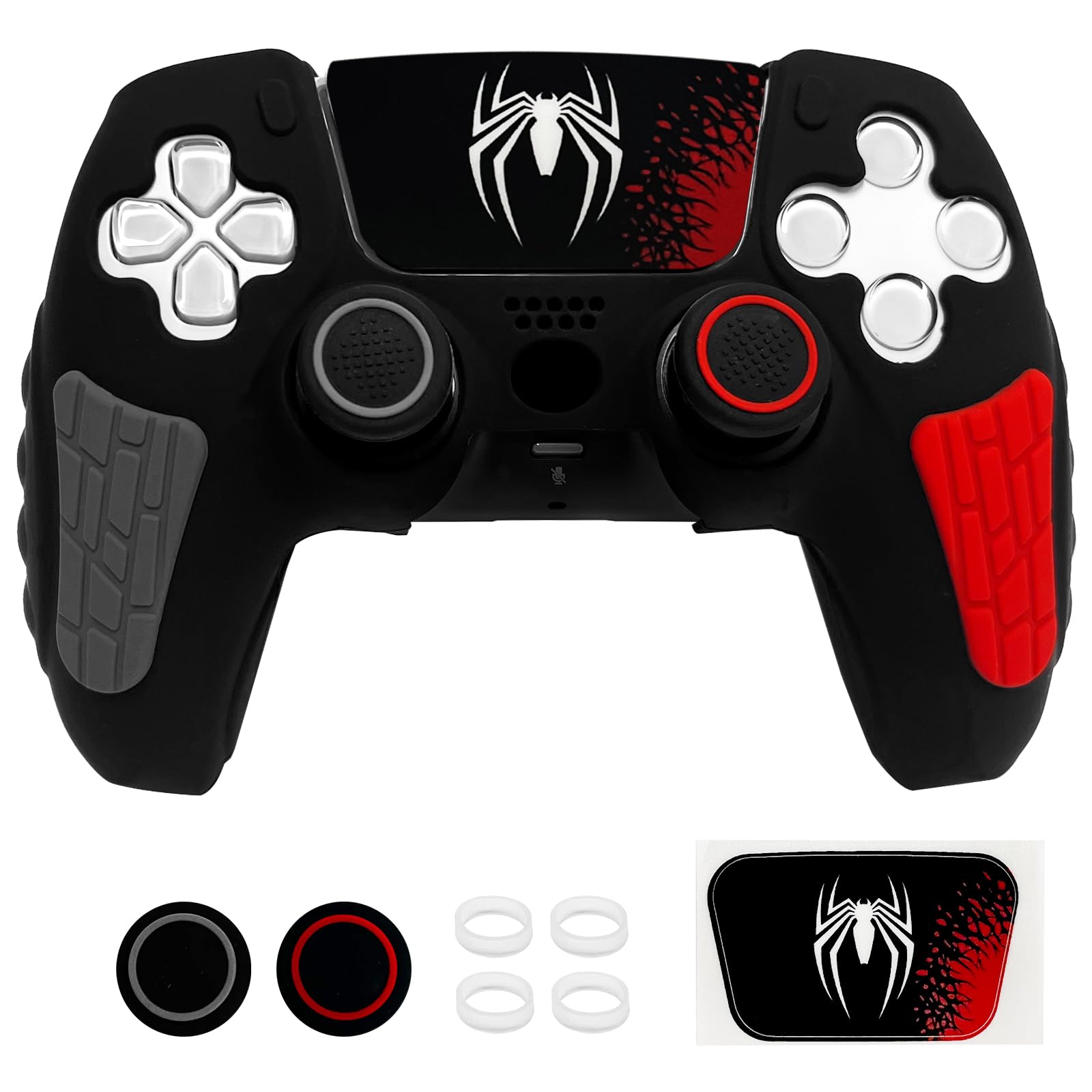 HLRAO Black Anti Slip PS5 Controller Skin Set Soft Protective Controller Cover Case for PlayStation 5/Slim/Pro Control with Touch Pad Stickers and 2 Thumb Grip Caps