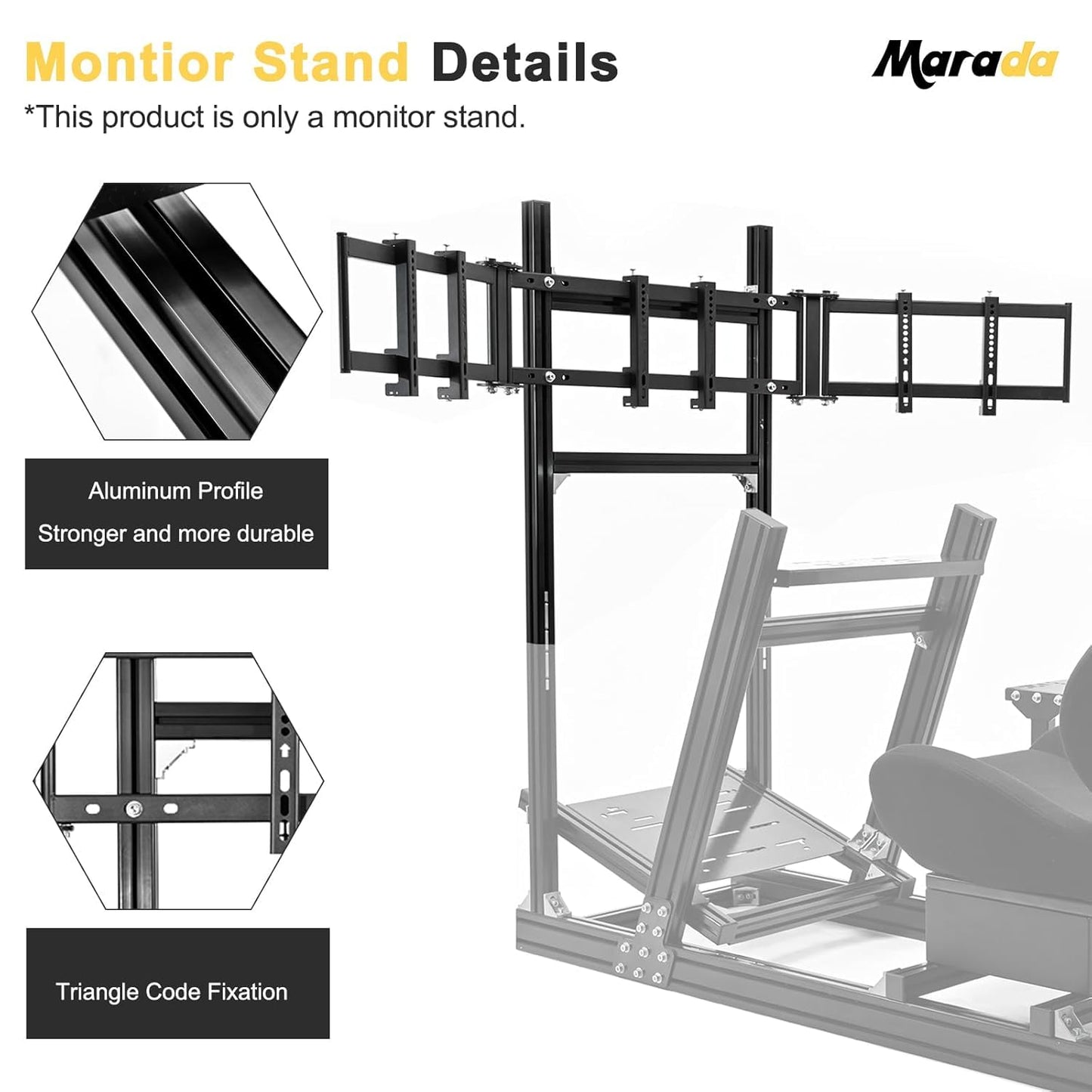 Marada Triple Monitor Stand - Aluminum Profile Cockpit for Racing Simulator - Black