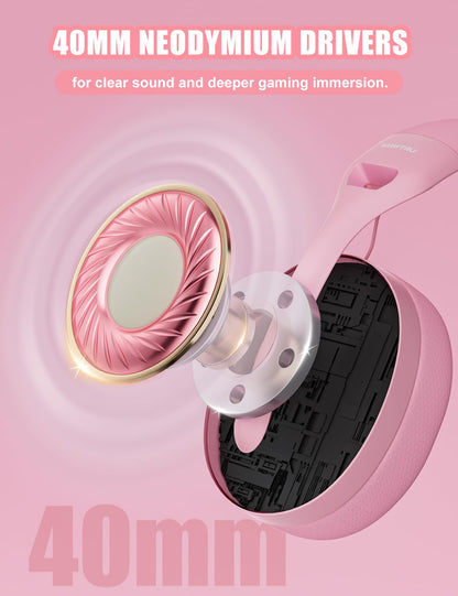 WIRWTRU S30 Gaming Headset - Wired, Lightweight, Noise Cancelling Mic, Soft Earmuffs, Pink, Compatible with Xbox, PS5, PC