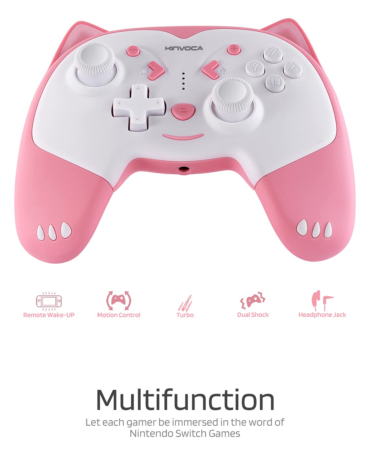 KINVOCA Wireless Controller for Nintendo Switch/Switch Lite - Pink, Turbo, Motion, Vibration, Headphone Jack, Model EG09A