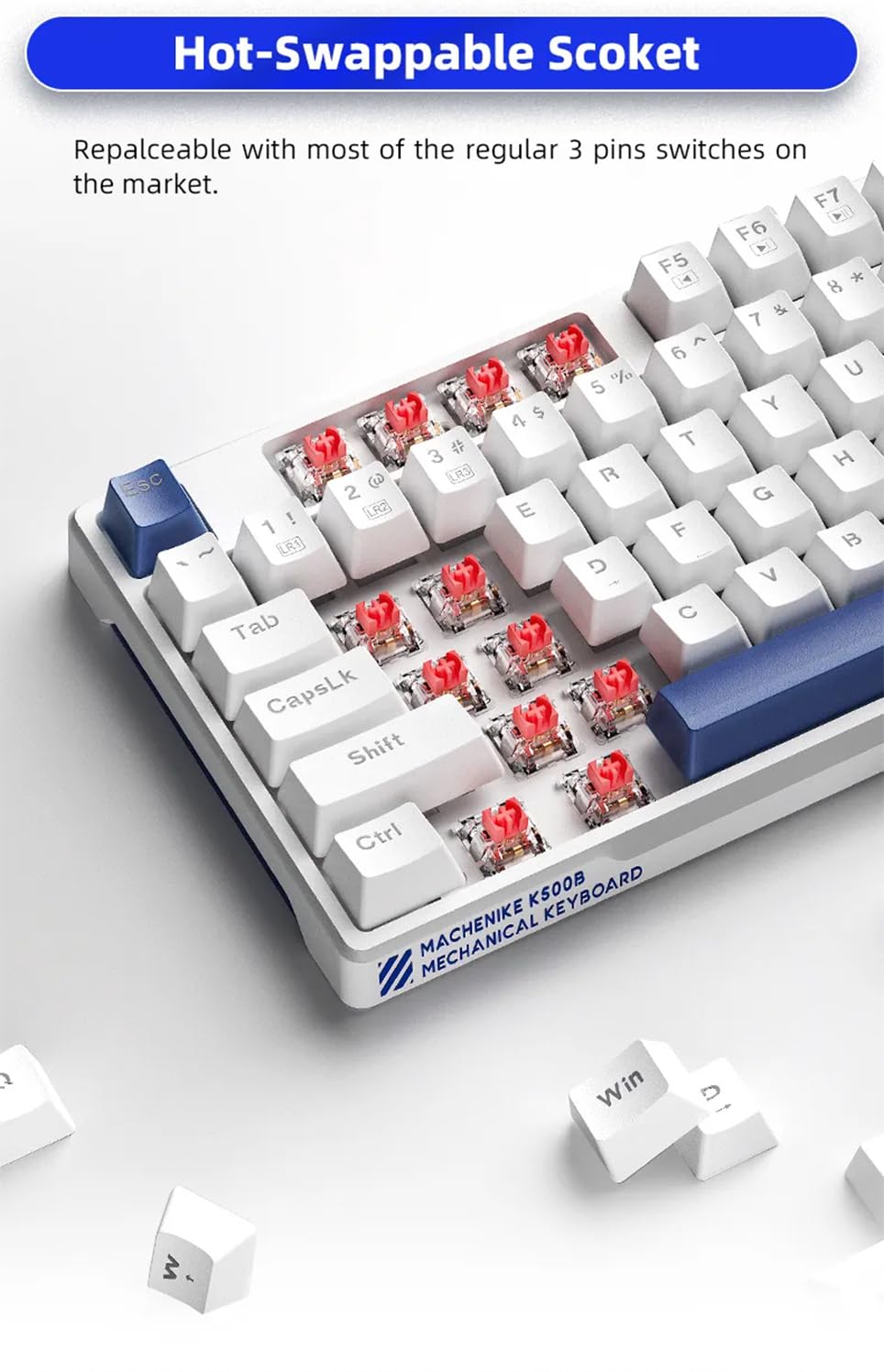 Machenike K500B 75% TKL Mechanical Gaming Keyboard, Hot-Swappable Red Switch, RGB Backlit, Compact Design, White/Blue