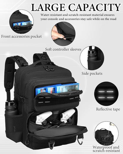BISKLNDN Tactical Gaming Backpack for PS5, Fits PS5/PS4, 17.7"x12.6"x8.3", Black, Model F010