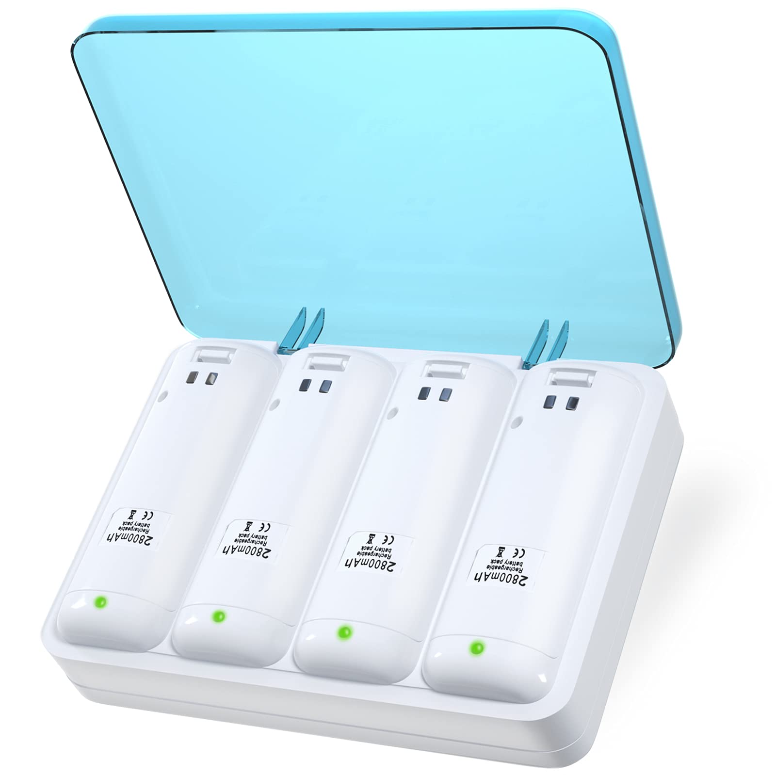 NATNO Wii & Wii U Controller Battery Charger - 4pcs 2800mAh NiMH Packs with 4-in-1 Charging Station, White