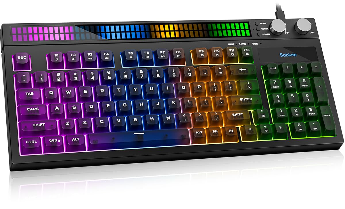 SABLUTE Quiet Wired Gaming Keyboard  94-Key RGB Keyboard with Sound-Reactive Light Bar  Volume Control Knob  Anti-Ghosting  Compact Keyboard with Numpad for PC  for PS5  for Xbox  Black