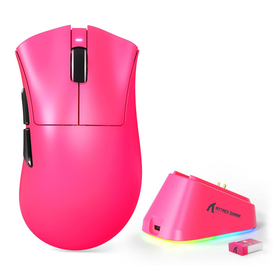 MAMBASNAKE ATTACK SHARK V3 PRO 62g Superlight Wireless Gaming Mouse RGB Magnetic Charging Dock BK52820 Tri-Mode BT/2.4G Wireless/Wired Mouse 25000DPI 500mAh 5 Programmable Buttons for Pc/Mac Berry Red