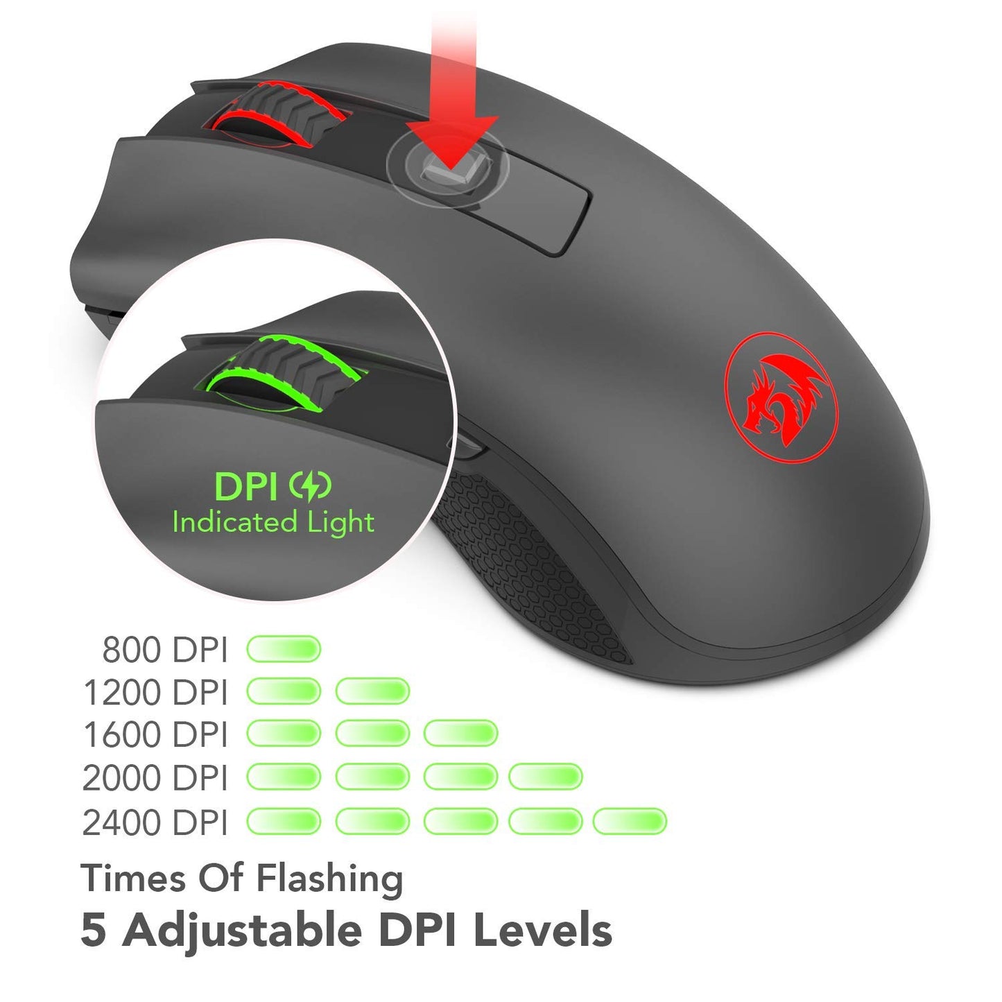 Redragon M652 Wireless Gaming Mouse - 2.4G, 5 DPI Levels, 6 Buttons, Black, Portable for Desktop & Laptop