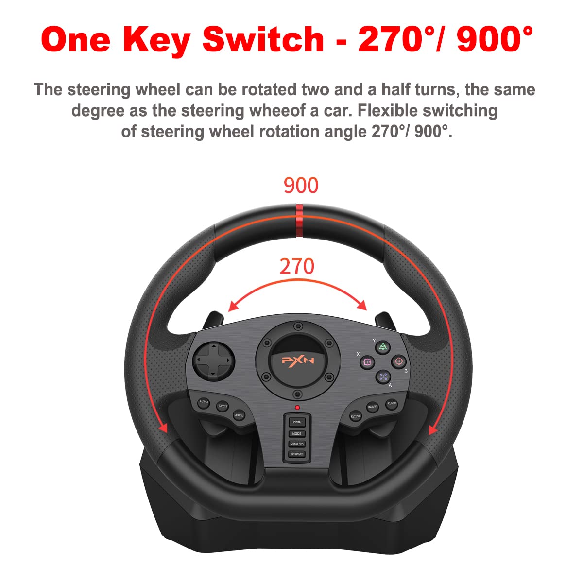PXN V900 Gaming Steering Wheel - 270/900° Racing Wheel with Dual Vibration, Black, Compatible with PS4, PC, Xbox One, Switch