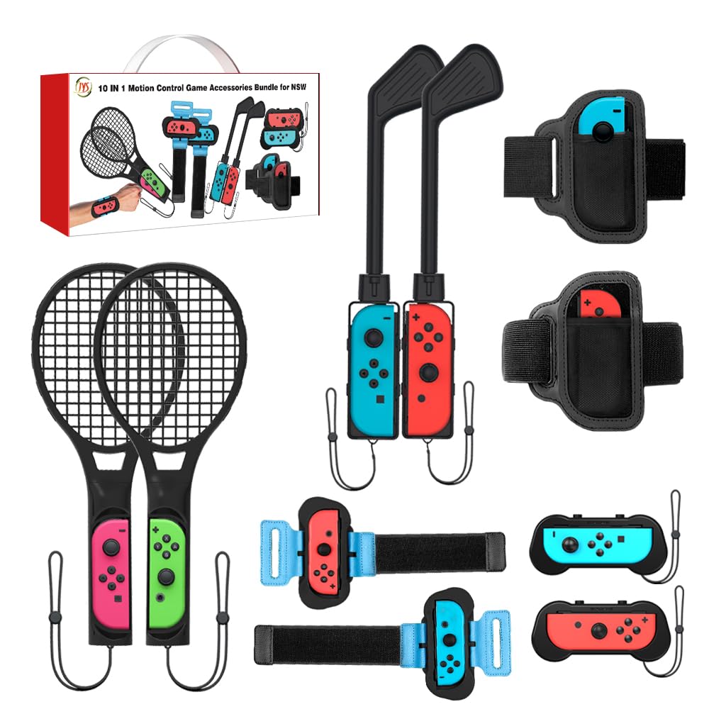 Uxilep Switch Sports Games Accessories Bundle for Nintendo Switch / Switch OLED 10 in 1 Family Party Pack for Switch Accessories Kit with Tennis Rackets Golf Clubs Leg Straps & Joycon Grips (For Switch / Switch OLED)