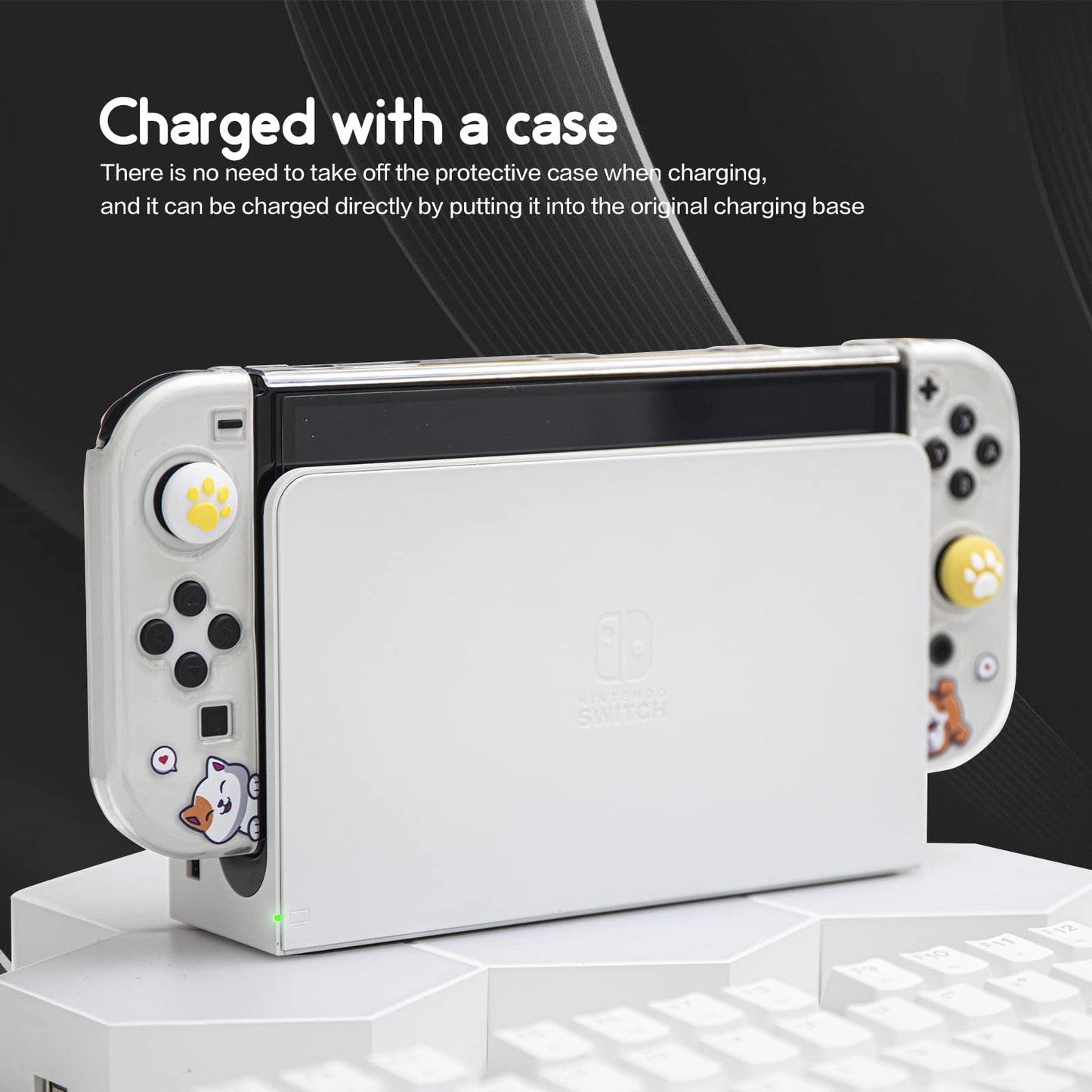 NANANINO Switch OLED Hard Shell Case - Cute Dog Pattern, Includes Paw Grips & Screen Protector, Clear, Model NN-25-Dog