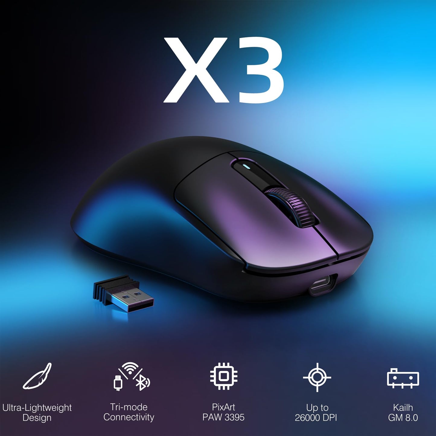 MANBASNAKE ATTACK SHARK X3 Wireless Gaming Mouse - 49g, 26K DPI, 200h Battery, Ergonomic Design, Black