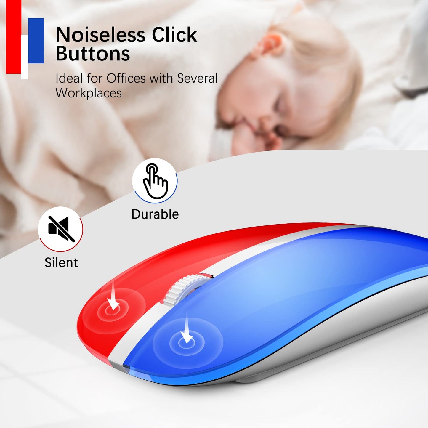 J JOYACCESS Magic Wireless Mouse - 2.4G Slim Rechargeable, Silent, 5-Speed DPI, Portable USB, Red & Blue