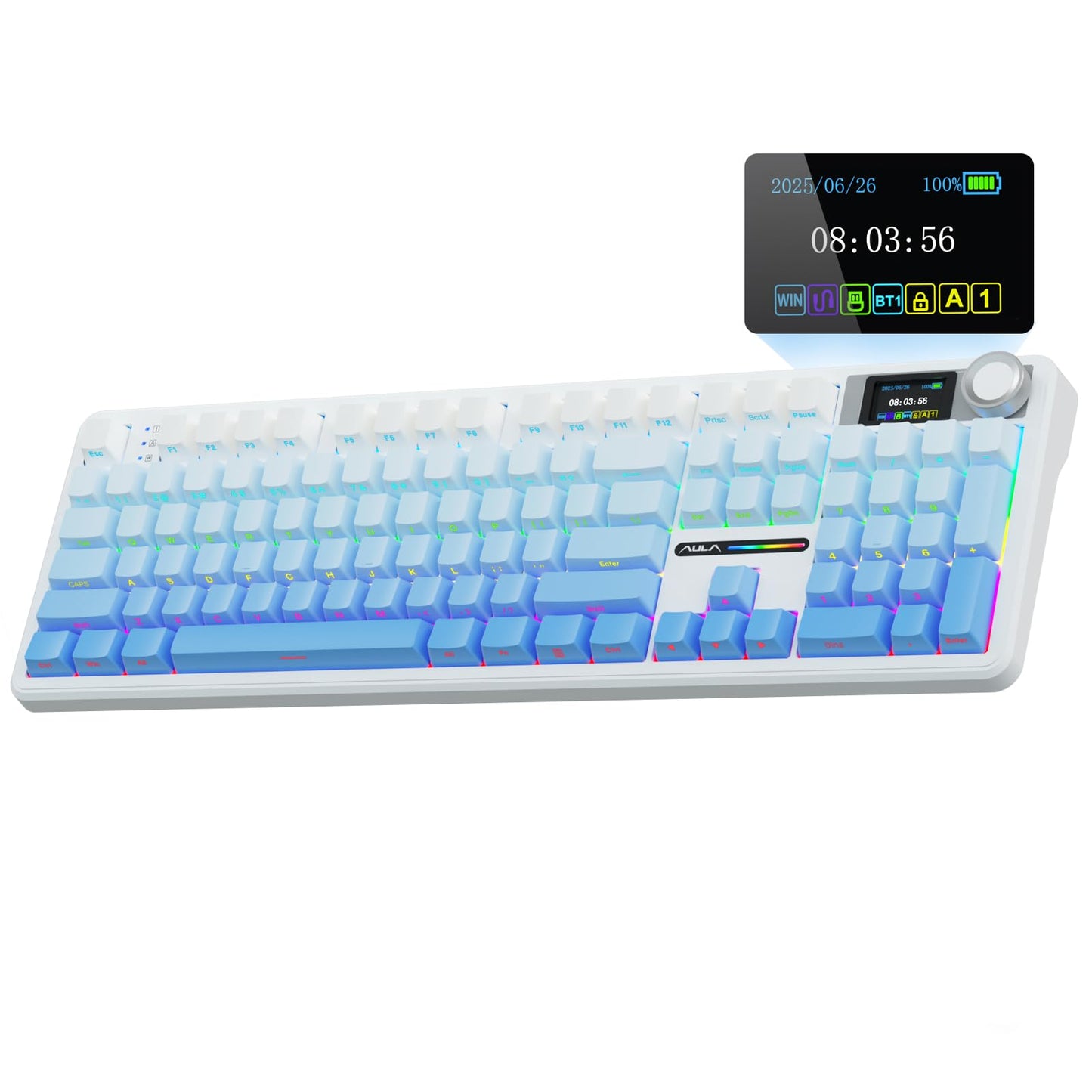 AULA F108 Pro Wireless Mechanical Keyboard, Hot Swappable, RGB Backlit, Gradient Blue, 8000mAh Battery, 104 Keys
