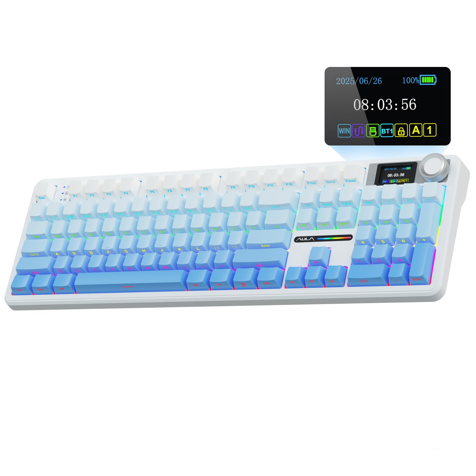 AULA F108 Pro Wireless Mechanical Keyboard, Hot Swappable, RGB Backlit, Gradient Blue, 8000mAh Battery, 104 Keys