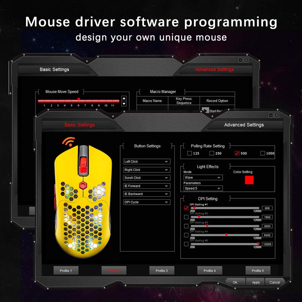 ZIYOU LANG Wireless Gaming Mouse - 16 RGB Backlit, Ultralight, 12000 DPI, Rechargeable, Honeycomb Shell, Yellow