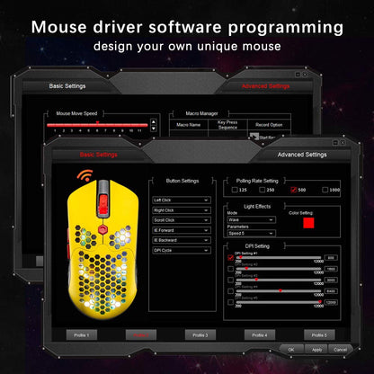 ZIYOU LANG Wireless Gaming Mouse - 16 RGB Backlit, Ultralight, 12000 DPI, Rechargeable, Honeycomb Shell, Yellow