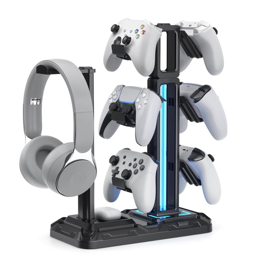 KDD RGB Multi-Controller Holder with 9 Light Modes - Rotatable Universal Headphone Hanger - Controller Stand with 6 Detachable H