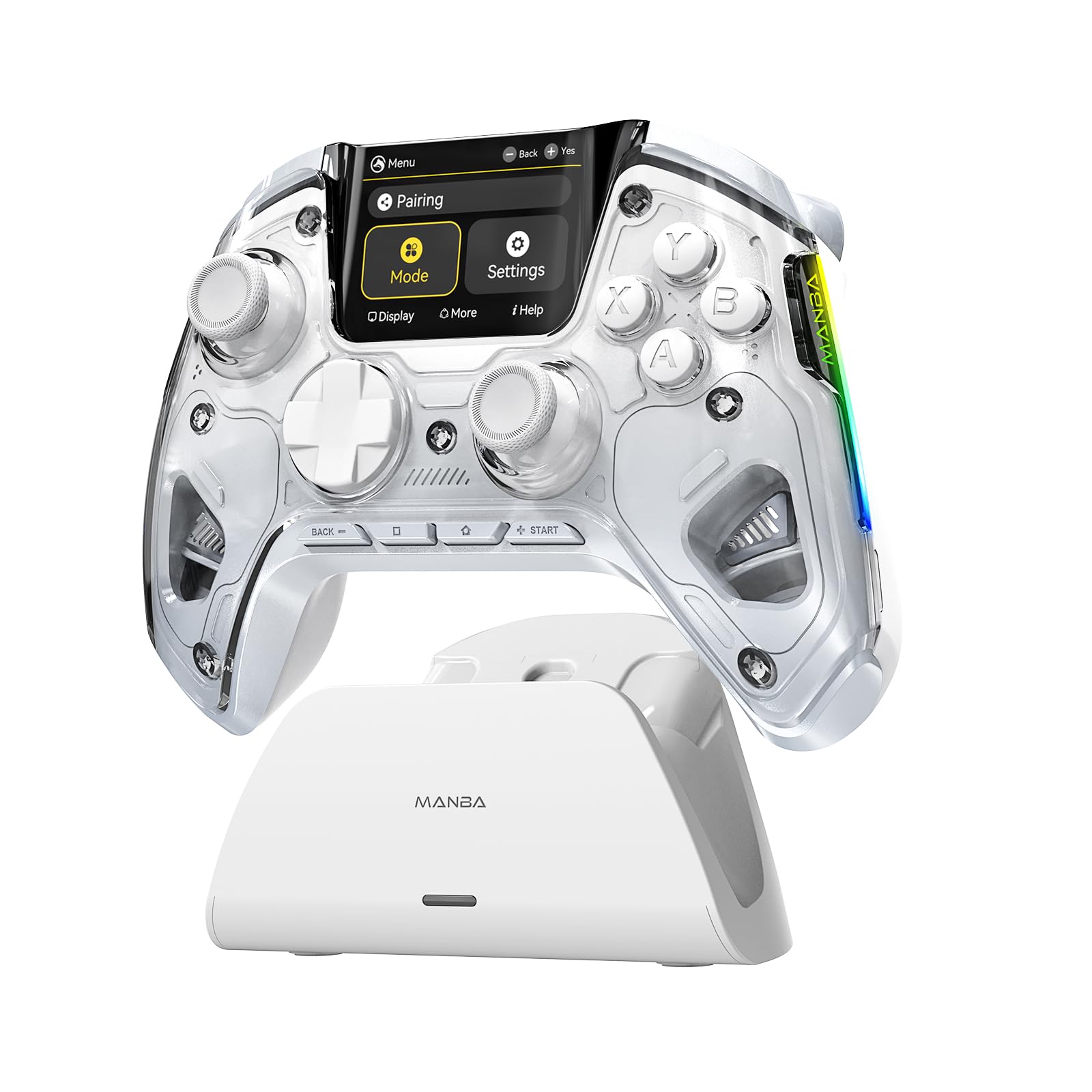 ManbaOne Interactive Screen Wireless Gaming Controller for PC/Switch/iOS/Android Hall Effect Stick & control button RGB Lighting Remappable Buttons 1800mAh with Charging Dock (White)