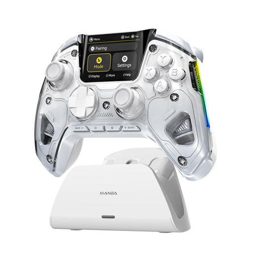 ManbaOne Interactive Screen Wireless Gaming Controller for PC/Switch/iOS/Android Hall Effect Stick & control button RGB Lighting Remappable Buttons 1800mAh with Charging Dock (White)