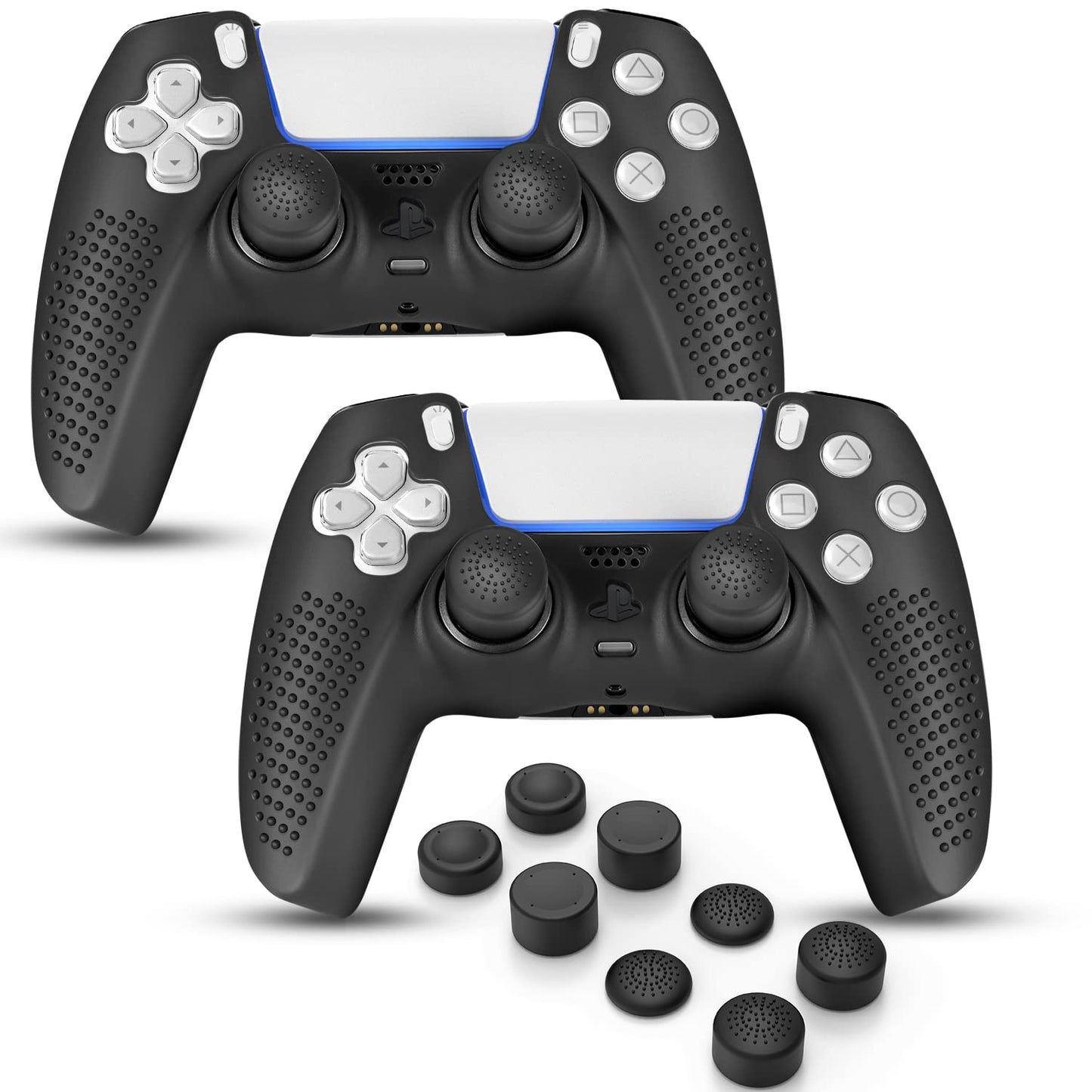 FAMOMI PS5 Controller Skin  Anti-Slip Soft Silicone Protective Cover Case for PlayStation 5 Controller Grip Accessories  2 Pack with 8 x Thumb Grip Caps (Black&Black)