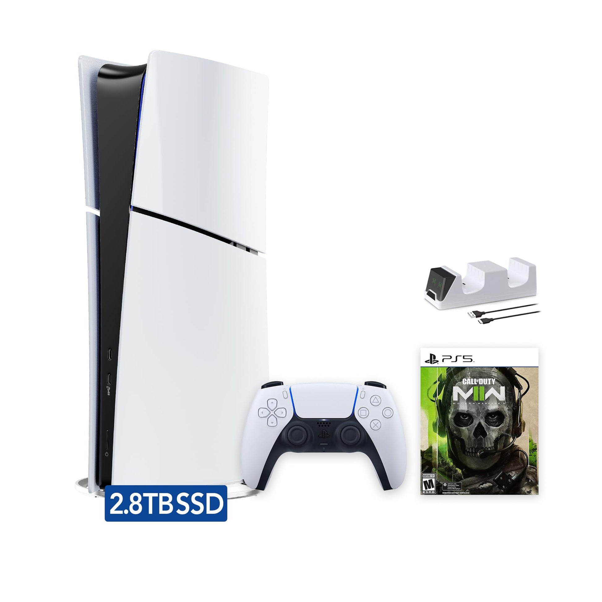 PlayStation 5 Slim Upgraded 2.8TB Digital Edition Call of Duty Modern Warfare II Bundle and Mytrix Controller Charger - White  Slim PS5 2.8TB PCIe SSD Gaming Console
