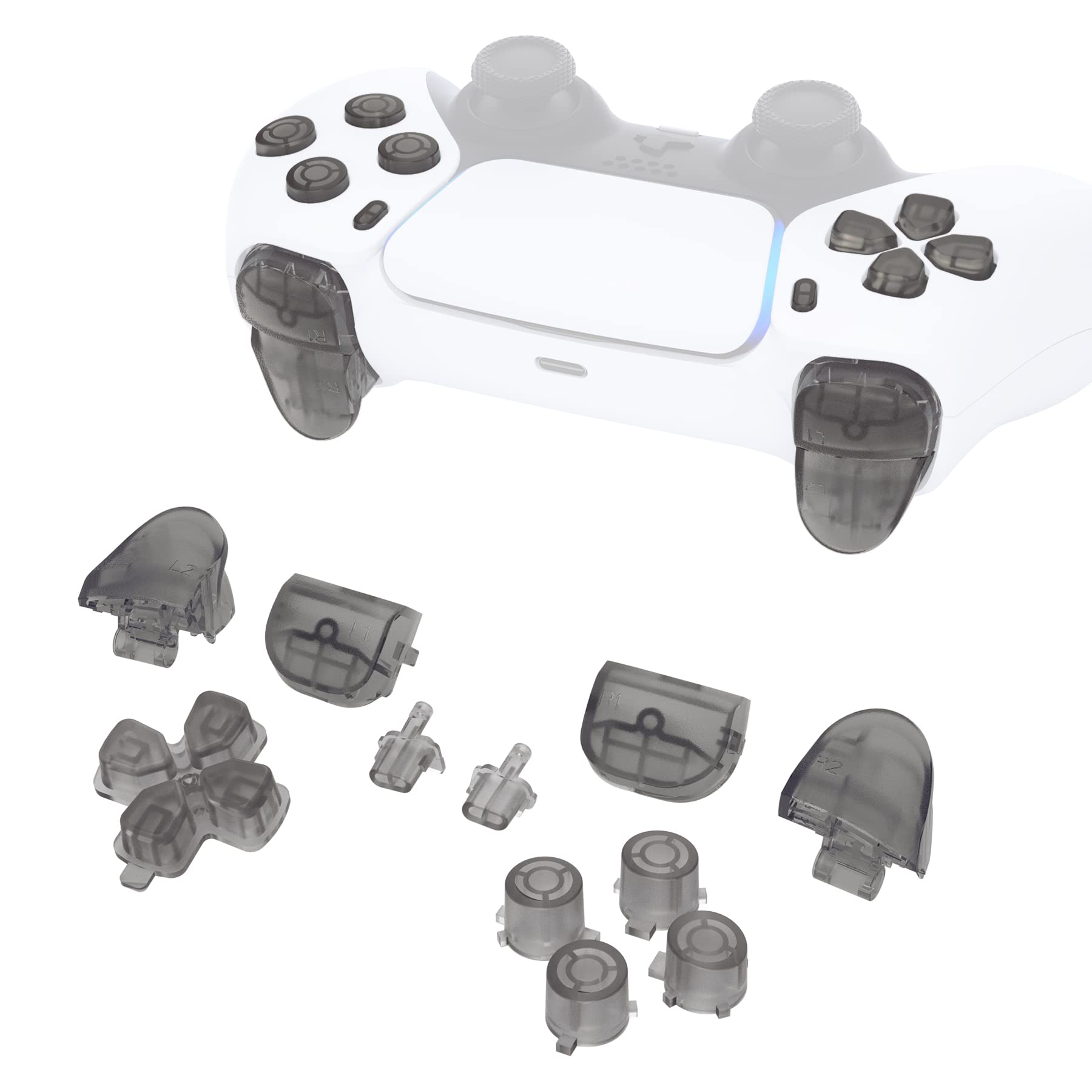 eXtremeRate Replacement D-pad R1 L1 R2 L2 Triggers Share Options Face Buttons  Clear Black Full Set Buttons Compatible with ps5 Controller BDM-010 & BDM-020