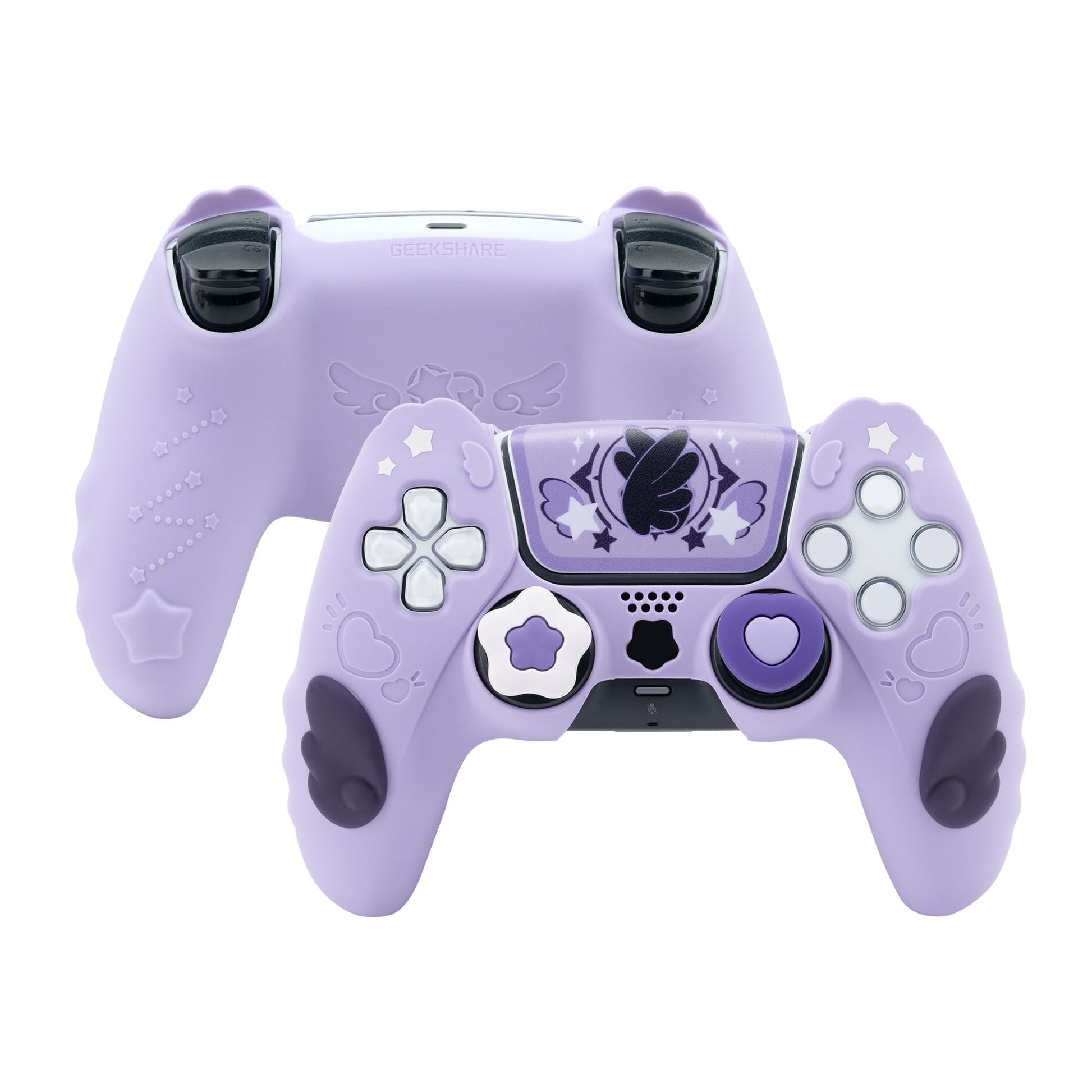 GeekShare Controller Skin Set  Compatible with PlayStation 5 Wireless Controller  Anti-Slip Silicone Protective Cover Case Includes 2 Thumb Grips and 2 Stickers (Star Wings Purple)